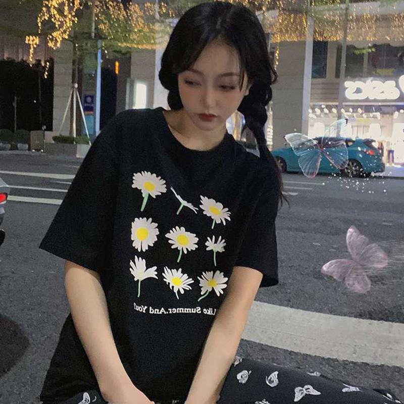 Áo Thun Tay Ngắn Cổ Tròn Hoạ Tiết Hoa Thiết Kế Dáng Rộng Thoải Mái