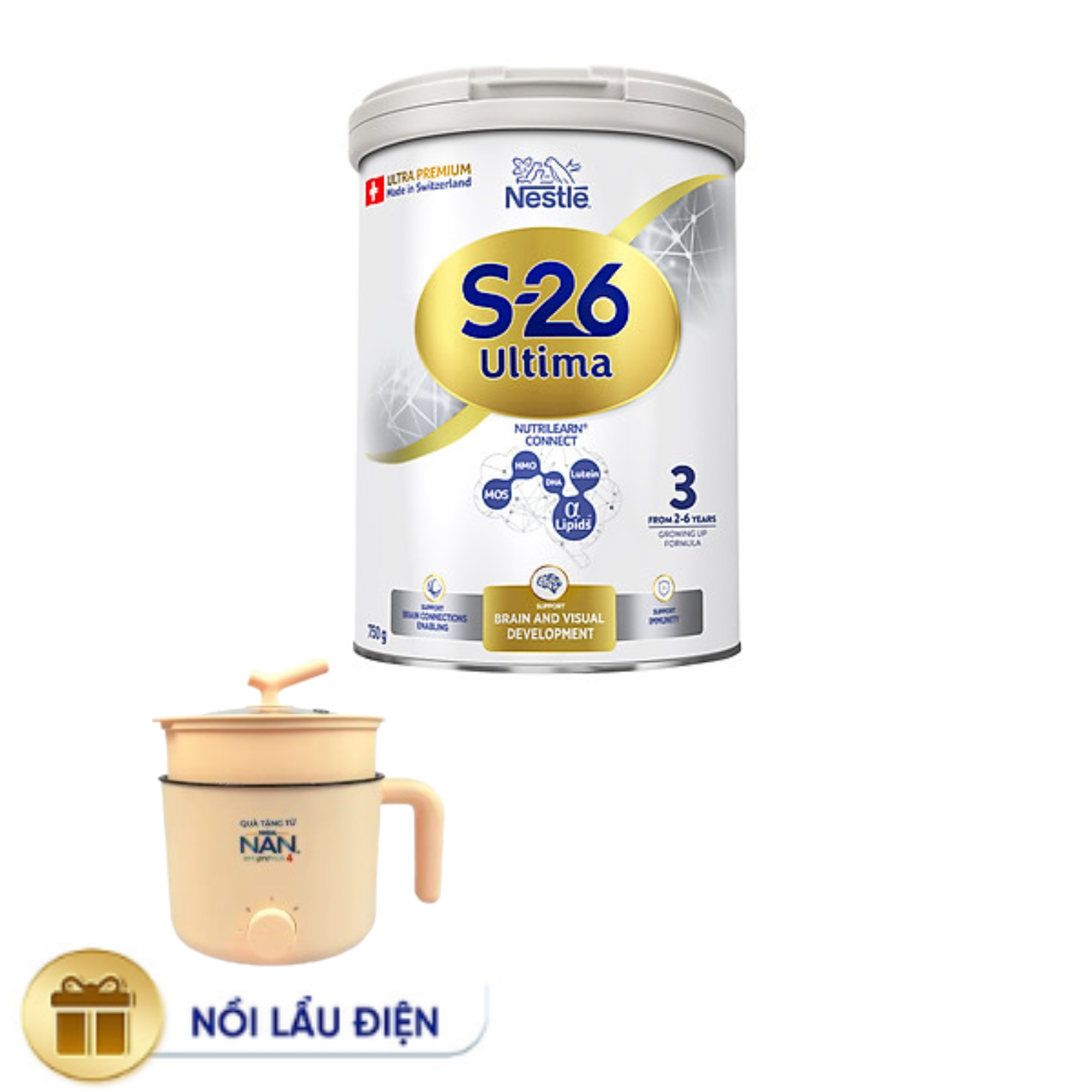 Sữa Bột Nestlé S-26 ULTIMA 3 (S26) 750G từ Thụy Sỹ độc quyền tăng tốc độ kết nối não bộ 2,5 lần với NUTRILEARN CONNECT  - Tặng Nồi lẩu điện A2