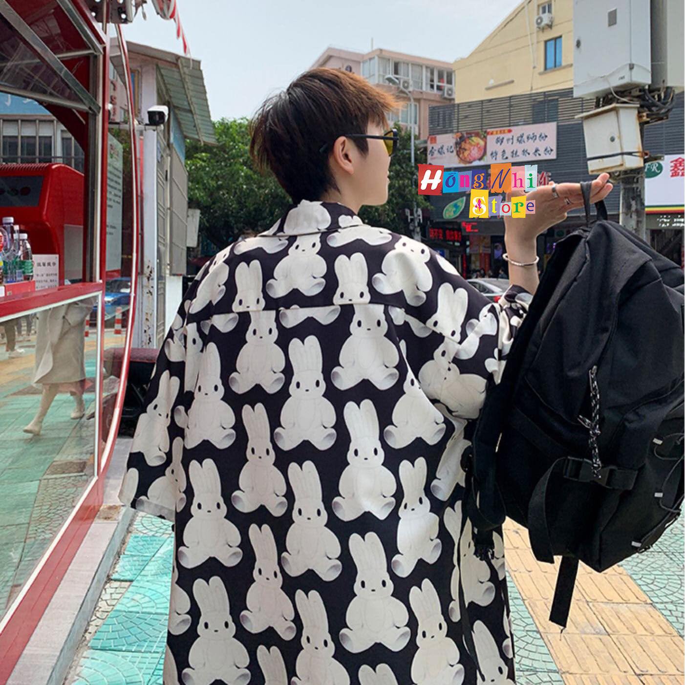 Áo Sơ Mi Hoạ Tiết Đi Biển Con Thỏ Trắng Hoạt Hình Tay Lỡ Dáng Rộng Ulzzang Unisex - MM