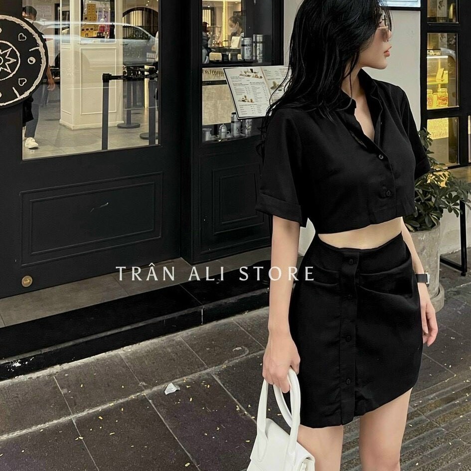 SET ÁO CROPTOP SUÔNG RỘNG TRƠN CỔ SƠ MI + CHÂN VÁY NGĂN SUÔNG ĐEN DẠO PHỐ DỰ TIỆC