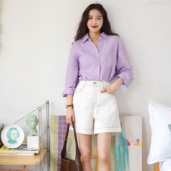 Áo sơ mi nữ form rộng Linen Premium rơt vai trẻ trung ArcticHunter, thời trang thương hiệu chính hãng