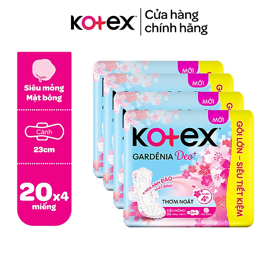 Combo 4 Gói Băng Vệ Sinh Kotex Gardenia Deo Hoa Anh Đào Siêu Mỏng Cánh Gói 20 Miếng