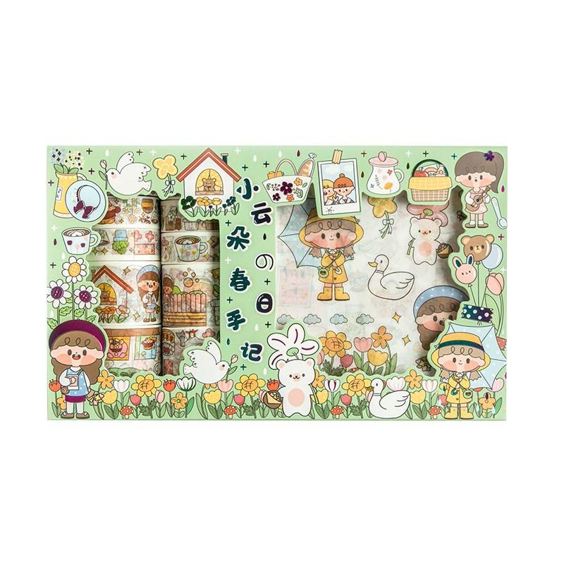 Hộp 10 Cuộn Washi Tape Dễ Thương và 10 Tờ Hình Dán Stickers Trang Trí Sổ Hoạt Hình Anime Xinh Xắn
