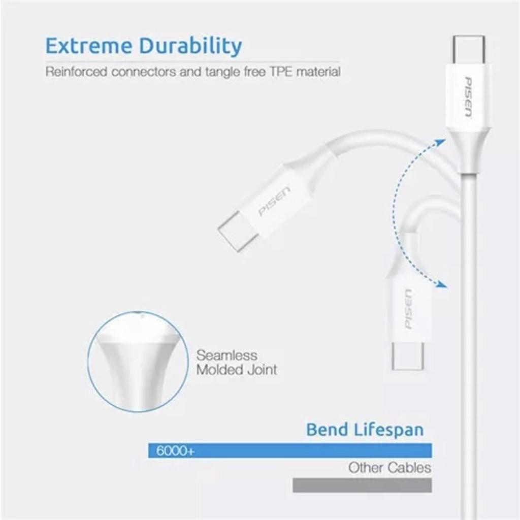 Cáp Pisen USB Type-C 3A (TC05-1000, Quick Charging)1000mm, trắng - Hàng chính hãng