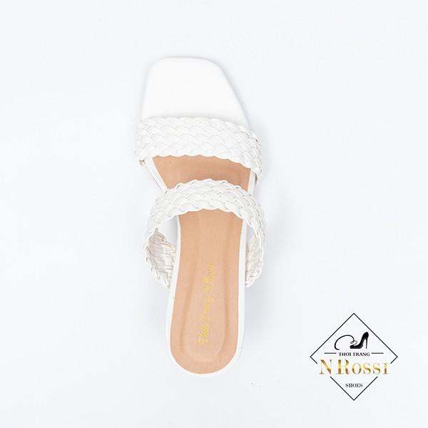 FREESHIP Dép cao gót Nrossi mũi vuông quai ngang gót cao 5cm màu trắng có size lớn 40 41 42 43 44_N2124
