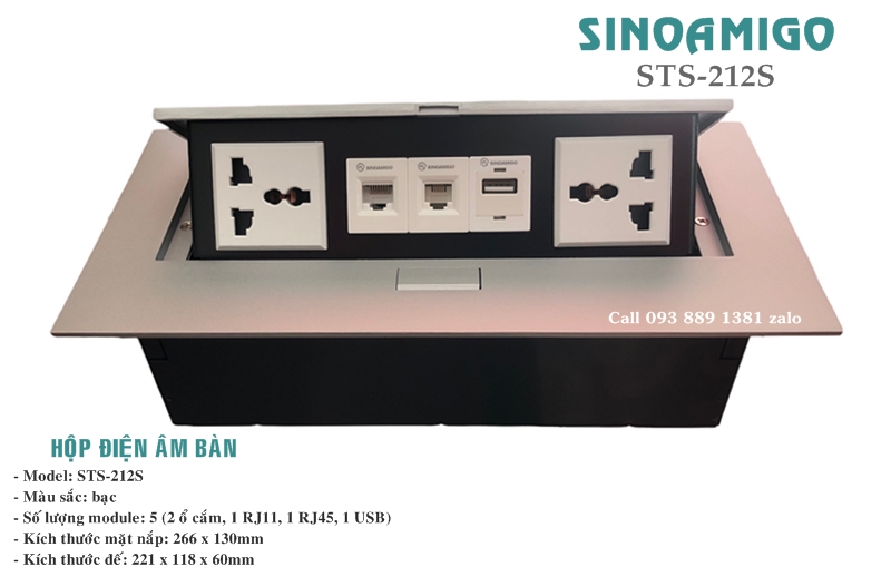 Ổ cắm điện âm bàn văn phòng Sinoamigo STS-212S ( gồm 2 ổ cắm 3 chấu, 1 ổ mạng, 1 ổ thoại, 1 ổ USB data) dùng lắp âm bàn văn phòng, phòng họp