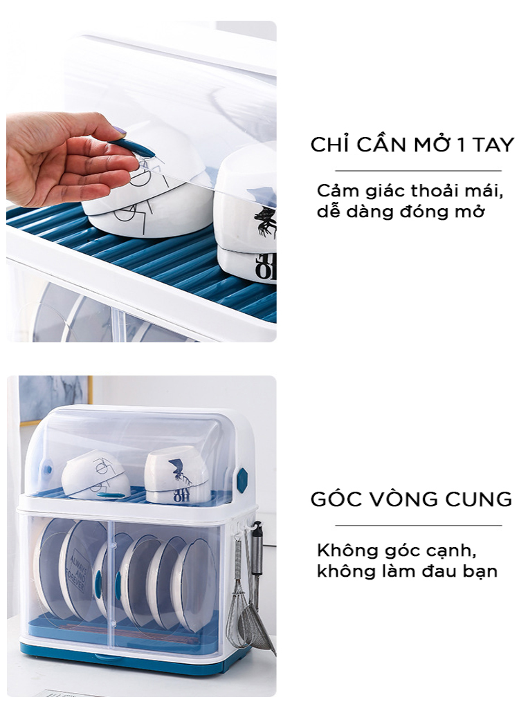 Kệ úp chén bát 2 tầng có nắp đậy, khay hứng khô ráo, sạch sẽ, kích thước 45x38x25cm - Hàng chính hãng