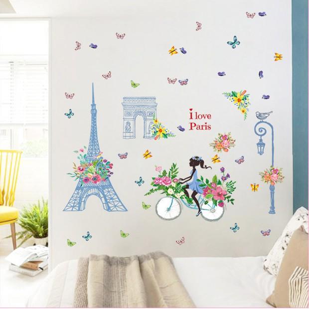 Decal trang trí tường - Tháp Xanh Cô Gái Xe Đạp Hoa