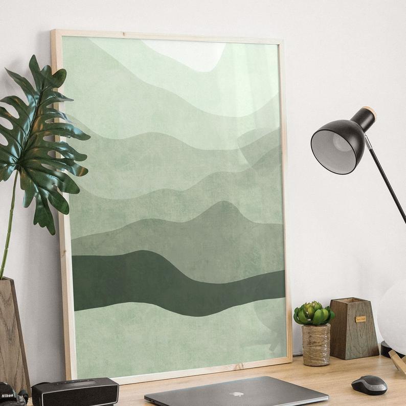Tranh treo tường | Tranh trừu tượng - Green abstract mountain scenery, Mint line art, ombre waves poster