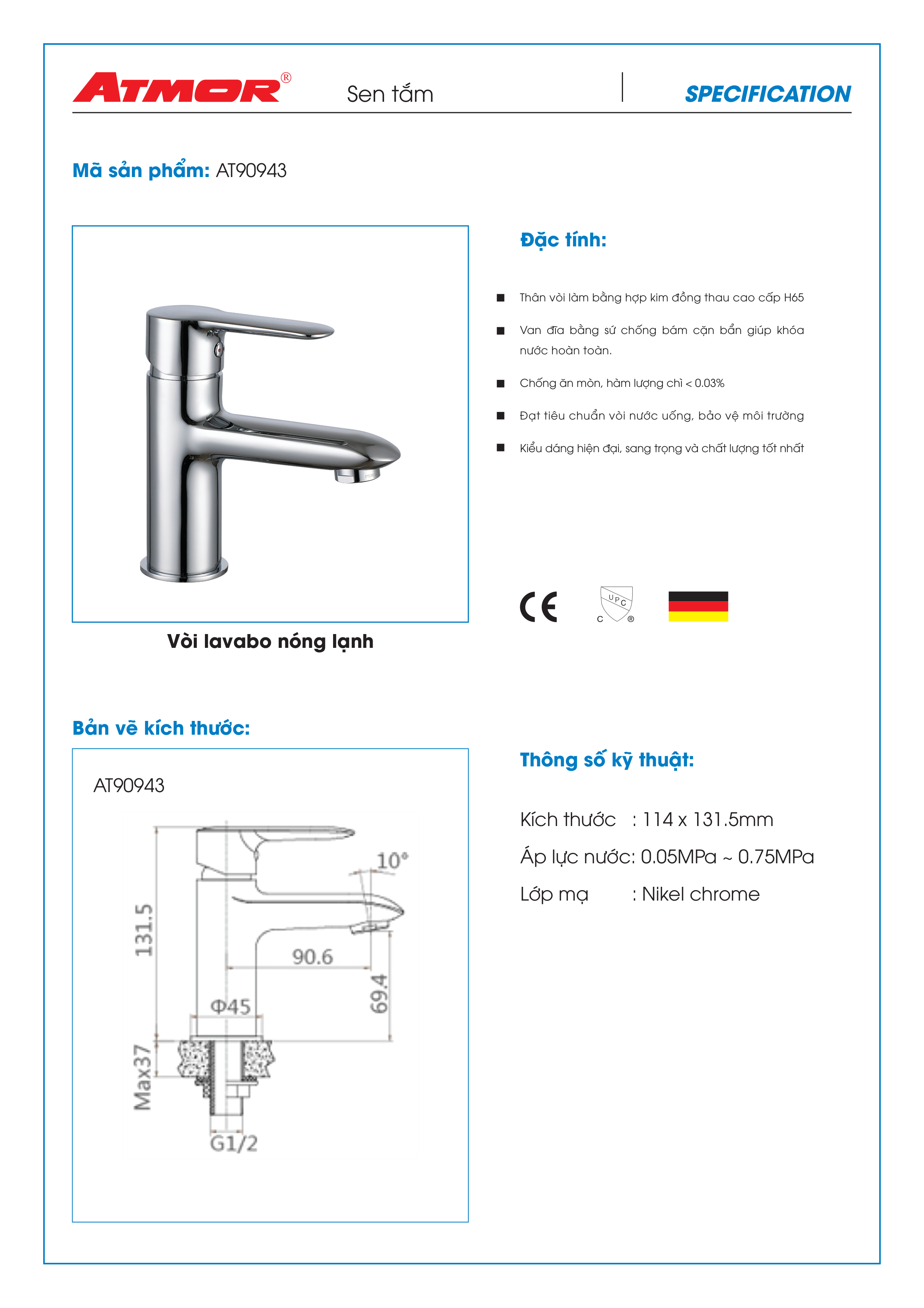 Bộ vòi lavabo nóng lạnh ATMOR AT90943 (HÀNG CHÍNH HÃNG)