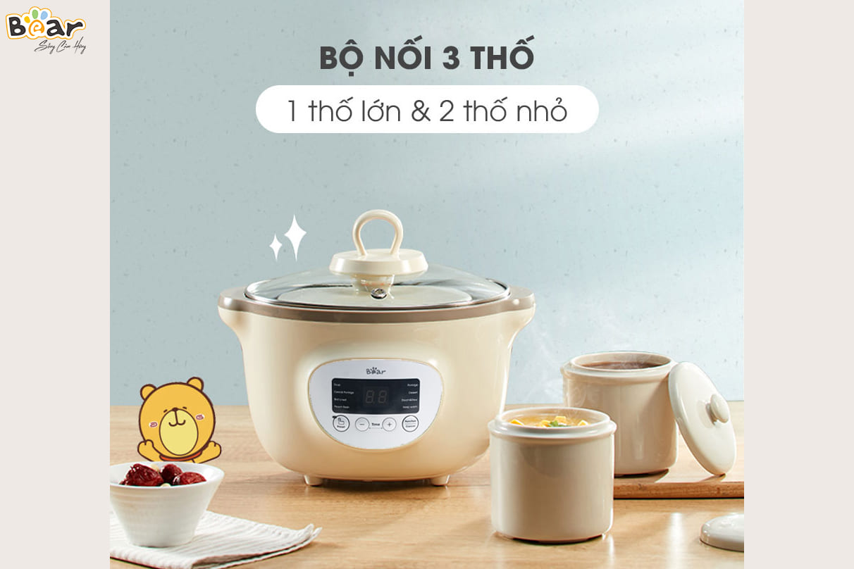 Nồi Nấu Cách Thủy, Kiêm Hấp Cao Cấp BEAR SUBE002 Gồm 3 Thố Nấu Đa Năng, Dung Tích 1.6 Lít, Công Suất 200W - Hàng Chính Hãng