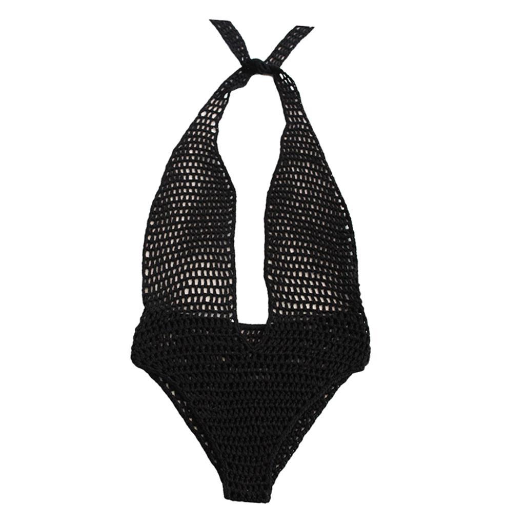 Fashion Women Ladies Black One Piece Crochet Knit Beach Bikini Monokini Swimwear Halter Deep V-neck Beachwear