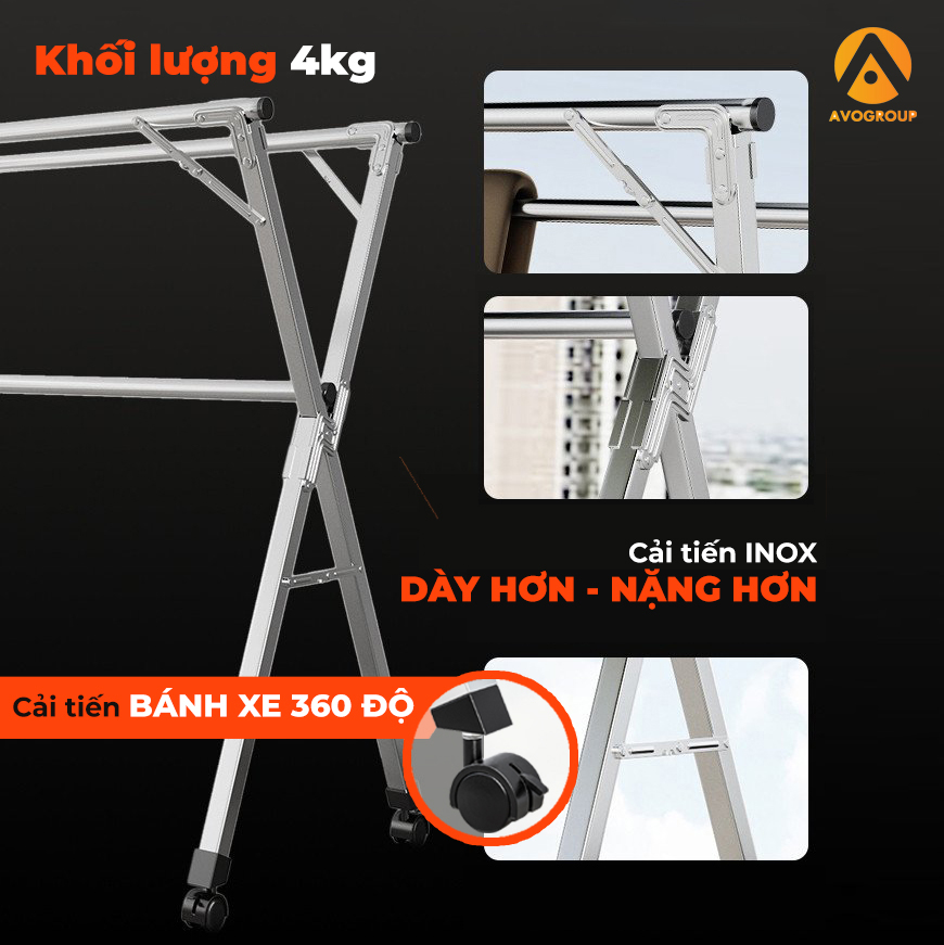 Sào phơi quần áo gấp gọn thông minh AVOHOME cải tiến bánh xe có Phanh, giá giàn phơi đồ BỀN ĐẸP TIỆN DỤNG