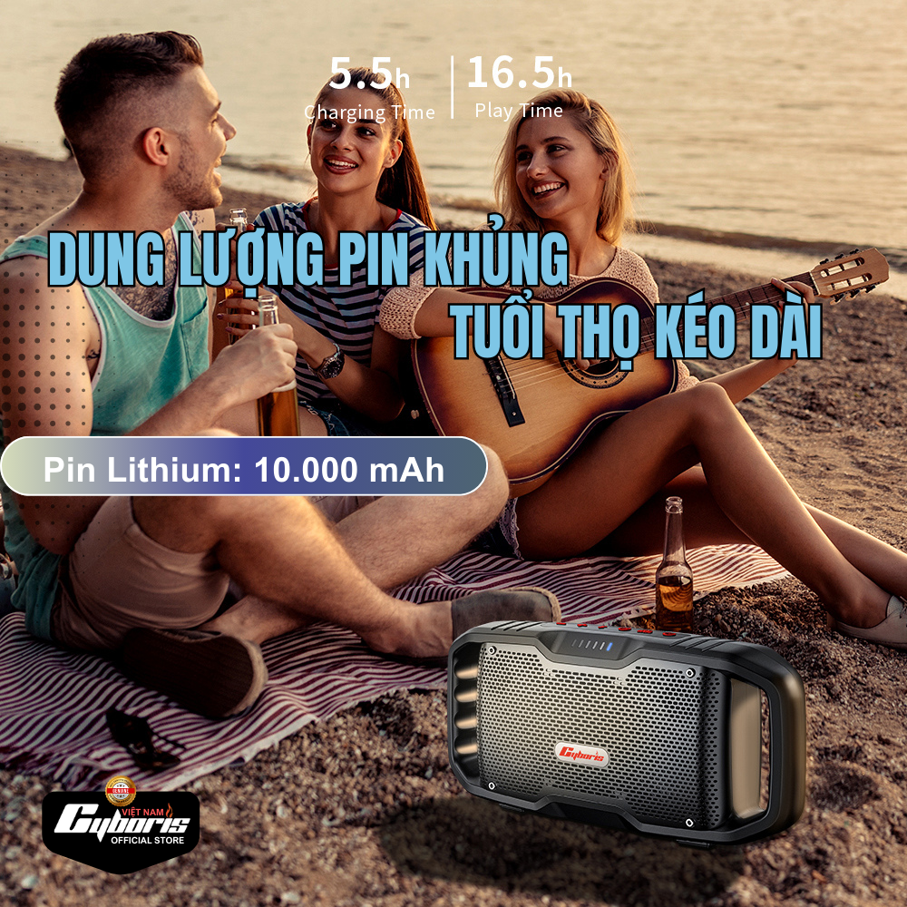 Loa Nghe Nhạc Bluetooth Cyboris X10, Loa siêu Bass, Công suất 120W, Chống nước IPX6, Pin cực khủng 10000mAh. Hàng Chính Hãng.