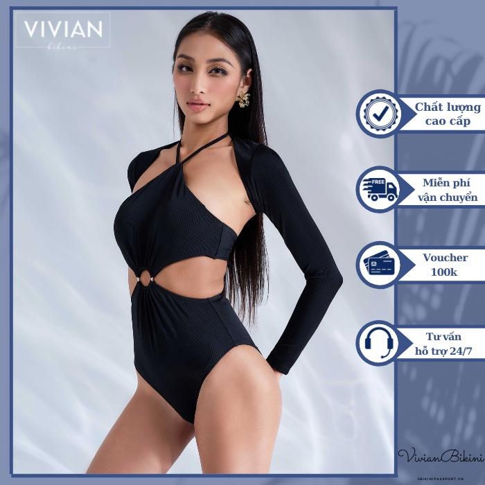 Đồ bơi nữ cao cấp dạng một mảnh yếm phối áo tay dài cover - Đen - VS187_BL