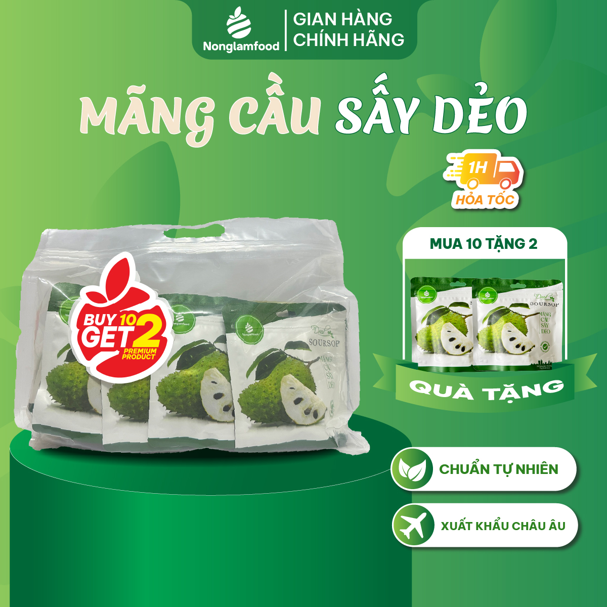 [MUA 10 TẶNG 2] Combo 10 túi Mãng cầu sấy dẻo Nonglamfood túi 75g | Giảm cân, đẹp da, giữ dáng hiệu quả, ăn vặt healthy snack