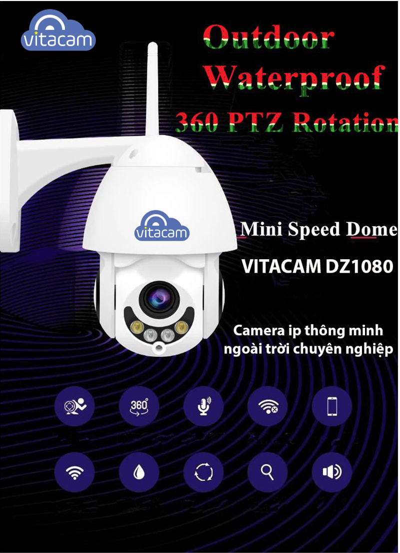 [TẶNG THẺ NHỚ 32G] Camera ngoài trời vitacam DZ1080 S xoay 350 độ, đàm thoại 2 chiều, chống lóa ,chống nước chuẩn IP68 - Hàng Chính Hãng