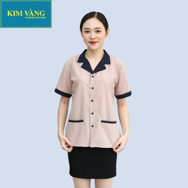 Áo tạp vụ đồng phục tay ngắn chất liệu Kaki Ý mềm mịn - Màu coffee sữa mẫu 03