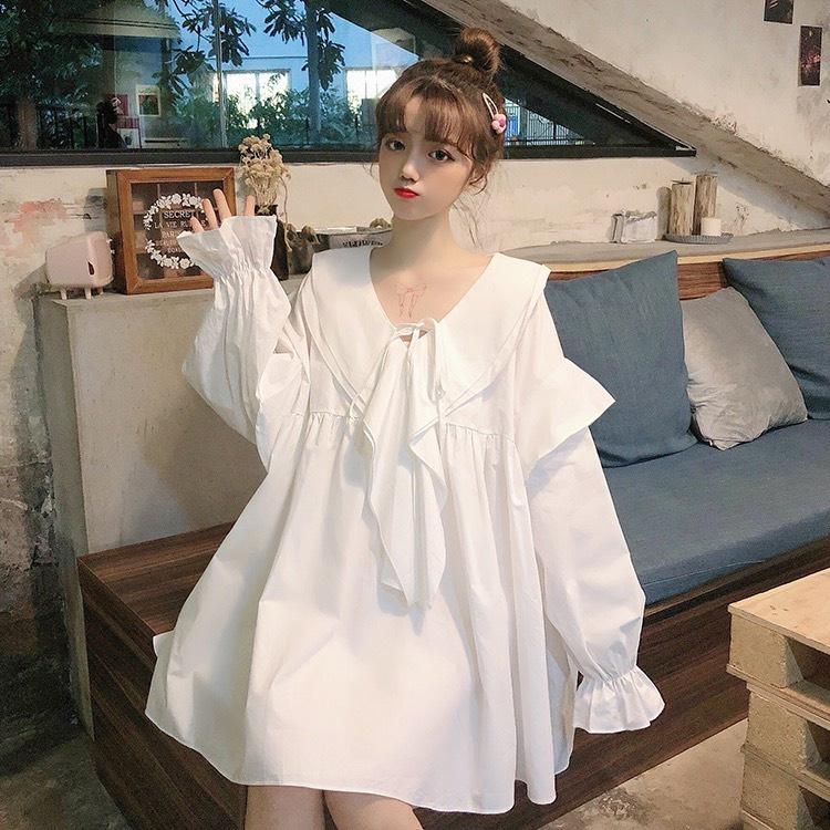 Áo Sơ Mi Nữ Babydoll Dài Tay Cổ Sen Buộc Nơ Tay Bèo