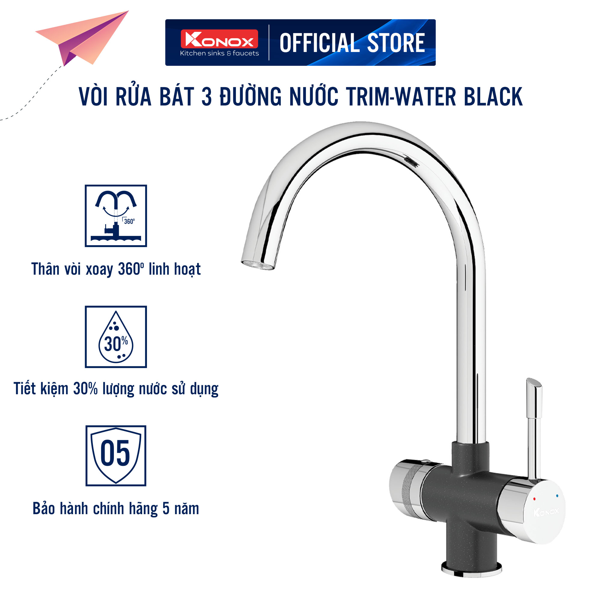 Vòi rửa bát 3 đường nước Konox, Model Trim-Water Black, 3 phiên bản màu, Bề mặt mạ PVD mạ vân đá, Lõi đồng tiêu chuẩn CW617N, Linh kiện phụ trợ dòng chảy nhập khẩu châu Âu, Bảo hành chính hãng 5 năm, Hàng chính hãng