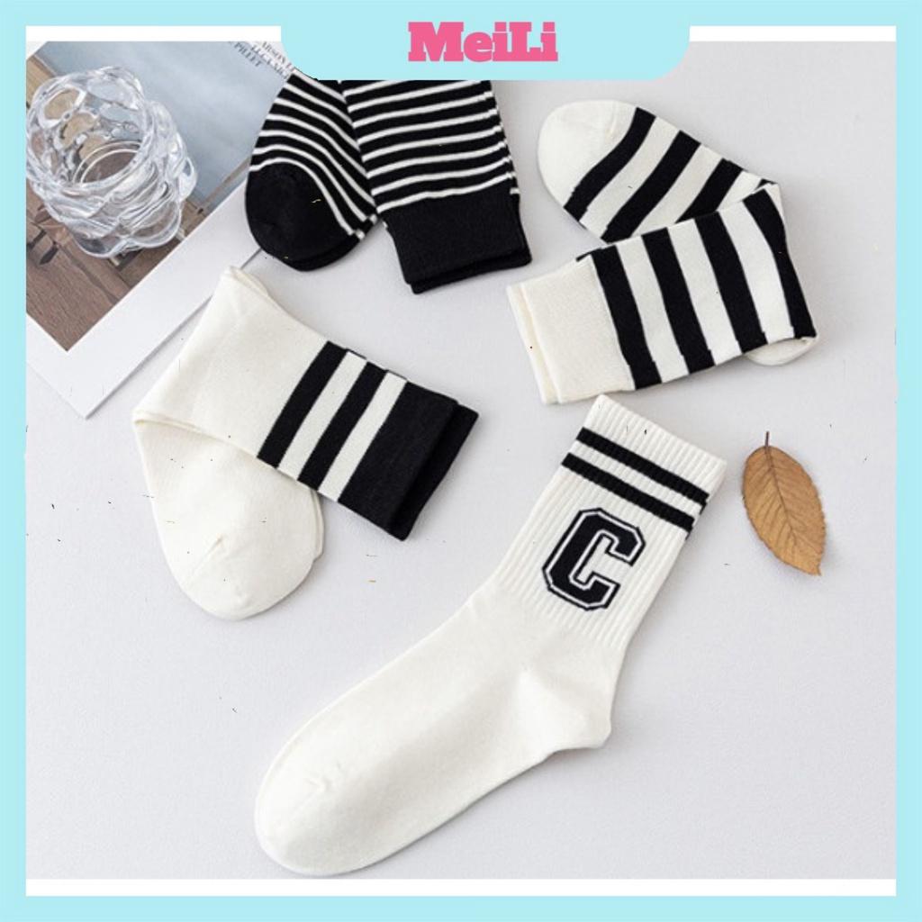 Set 8 đôi tất chữ CFREESHIPVớ cotton Kẻ Sọc Đen trắng thể thao cổ cao phong cách thể thao, trẻ trung, năng động. (sỉ