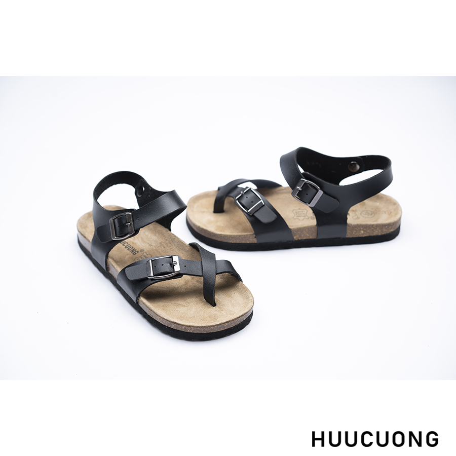 Sandal unisex xỏ ngón da pu đen đế trấu handmade