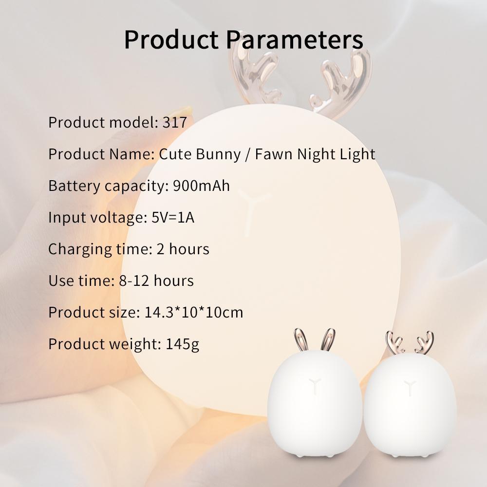 Đèn Ngủ LED Silicone Mềm Ấm Áp Hình Thỏ Hươu Có Thể Sạc Lại Bằng Cổng USB Cho Trẻ Em