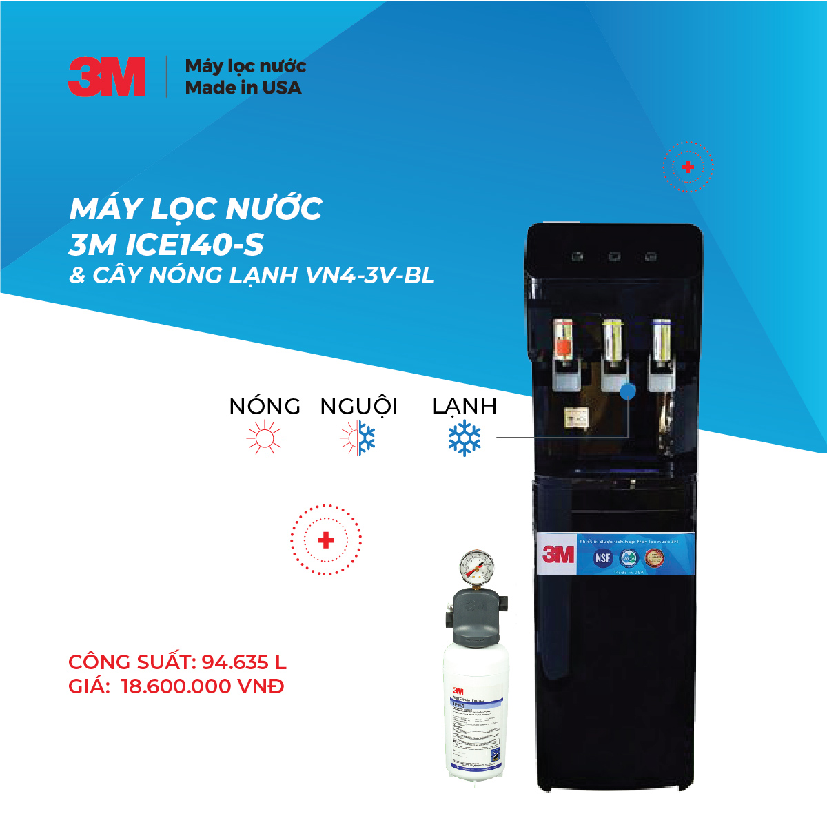 Máy Lọc Nước Nóng Lạnh 3 Vòi 3M VN4-3V Màu Đen (Sử Dụng Máy 3M ICE140-S) - Hàng Chính Hãng