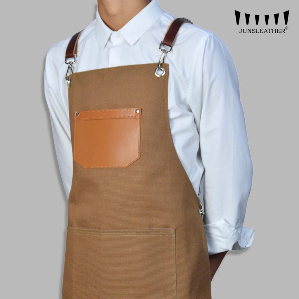 Tạp dề pha chế vải canvas dây da của Junsleather phối da bò cao cấp dành cho Barista/Bartender