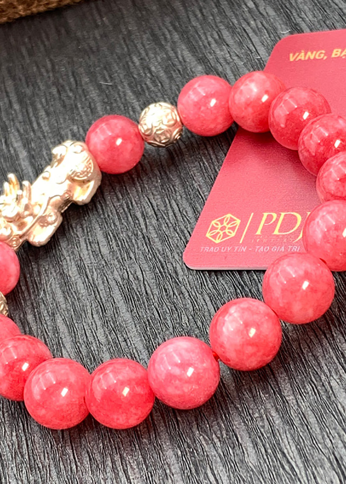 Vòng Đá Thạch Anh Hồng Vân 10 Ly Charm Tỳ Hưu Bạc