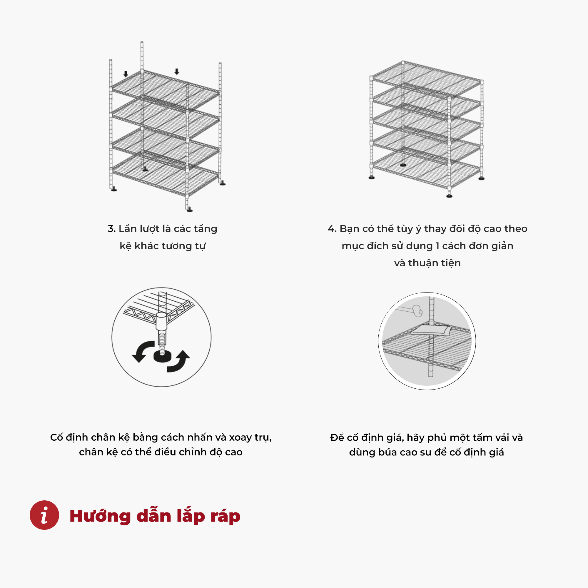 Kệ sắt đa năng để đồ 4 tầng tùy chỉnh mặt lưới, lắp ráp dễ dàng