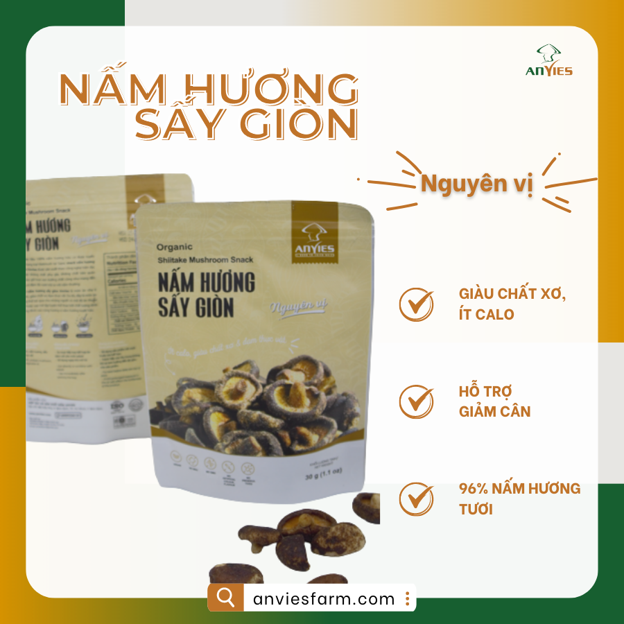 Nấm hương sấy giòn ăn liền Anvies nguyên vị 30g - Không cholesterol - health food - Hỗ trợ giảm cân