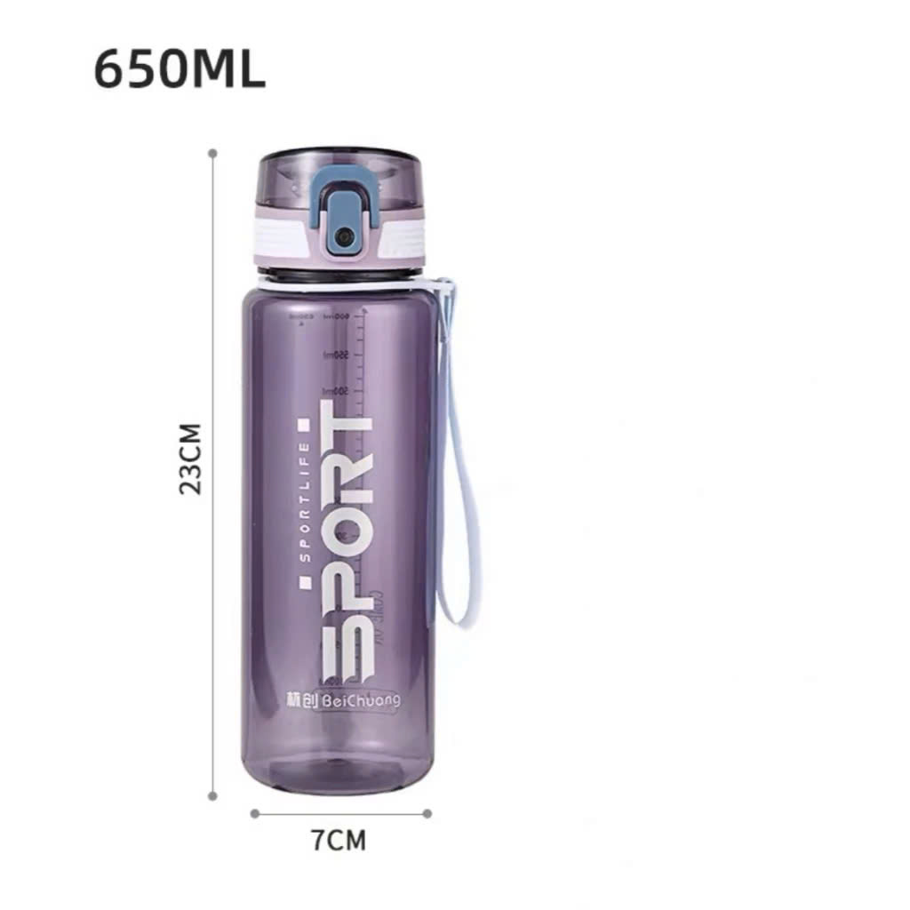 Bình Nước Nhựa Thể Thao 650ml, Dây Xách Tiện Lợi, Bình Nhựa Tập Gym, Chạy Bộ