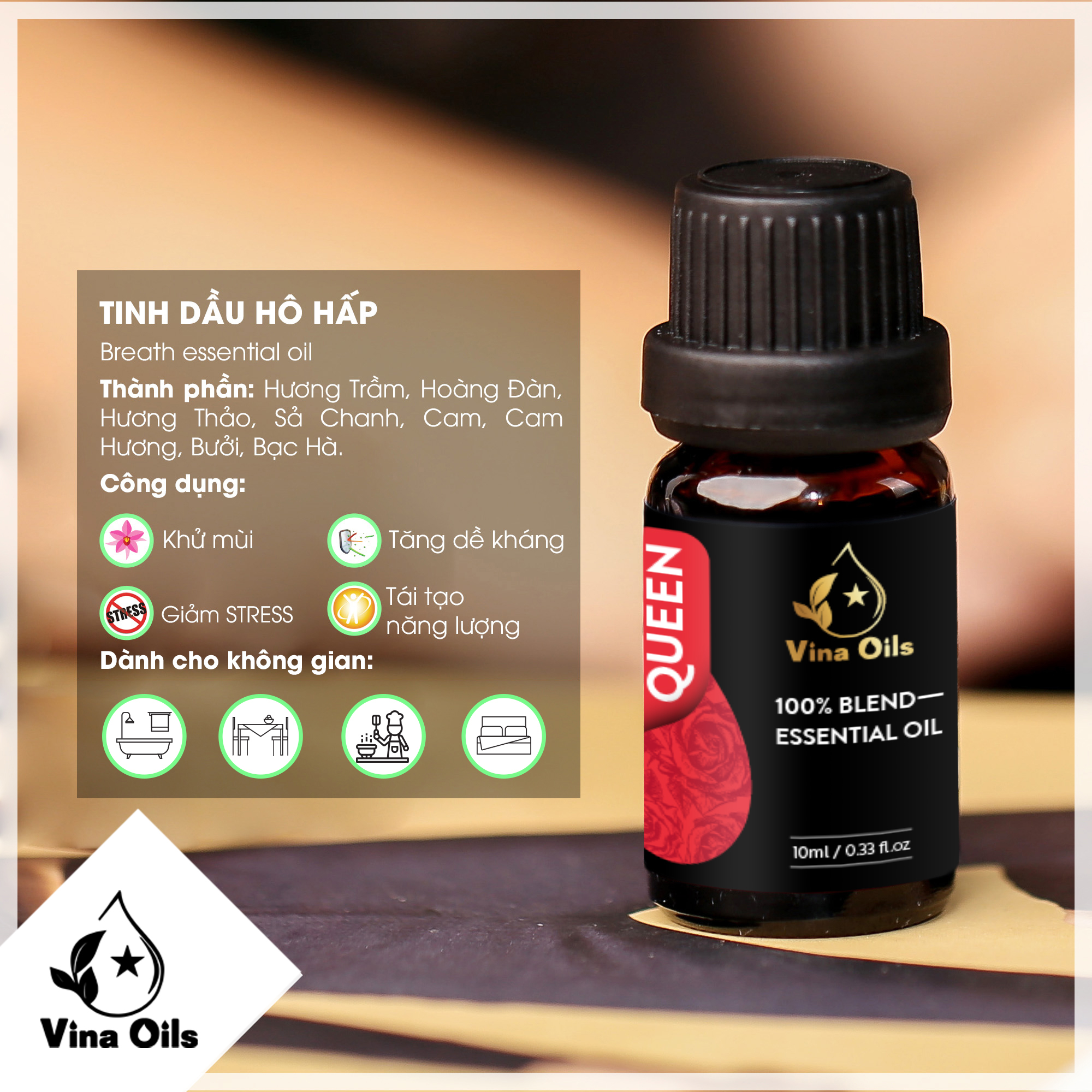 Tinh Dầu Hợp Chất Queen Vina Oils 10ml - Chiết Xuất Từ Oải Hương, Bưởi, Sả Hoa Hồng, Xô Thơm - Hương Thơm Quyến Rũ Giúp Thư Giãn, Làm Sạch Không Khí , Làm Khỏe Tóc, Giữ Ẩm Làm Mịn Da Mặt