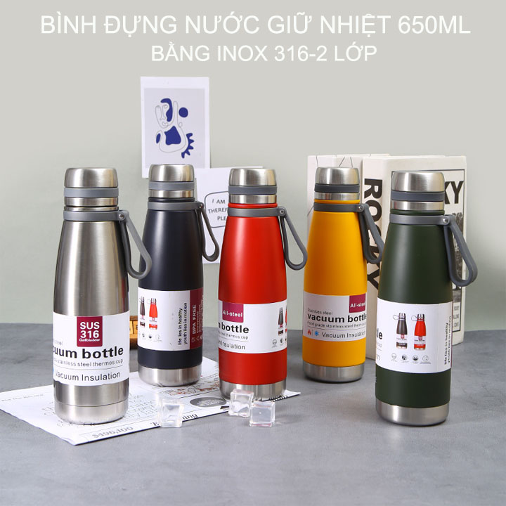 Bình đựng nước giữ nhiệt bằng inox 316 với 2 lớp giữ nhiệt 8-12 tiếng, dung tích 650ml