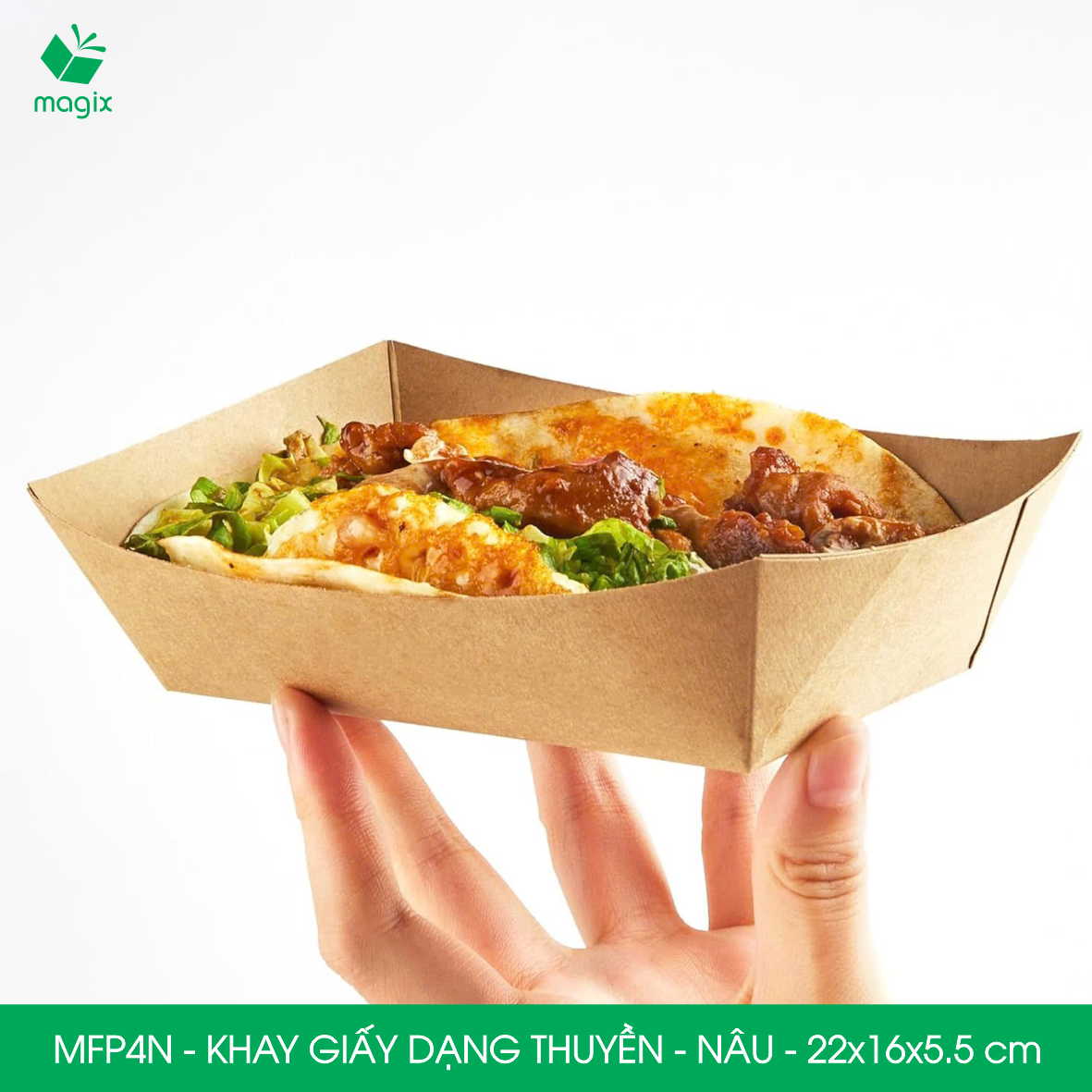 MFP4N - 22x16x5.5 cm - 100 khay giấy dáng thuyền đựng thức ăn, khay giấy đựng món tráng miệng