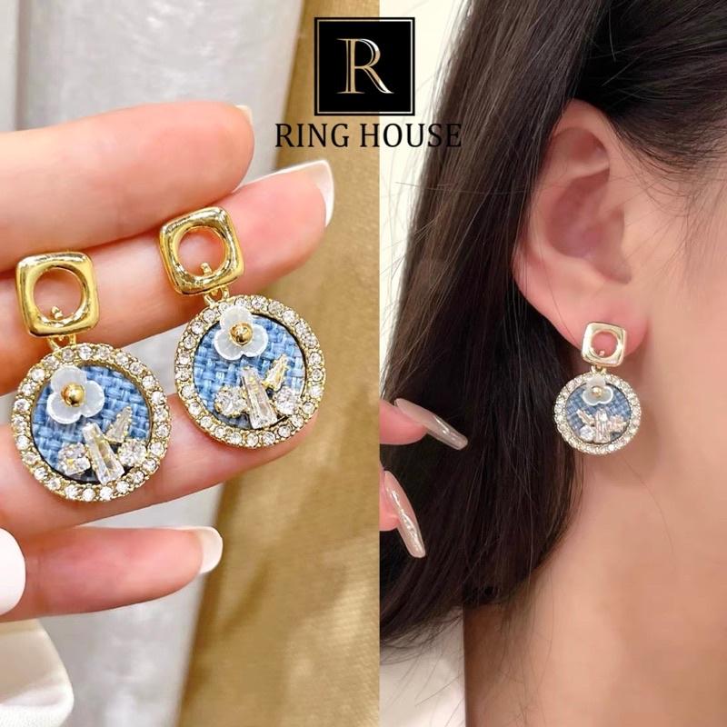 Khuyên Tai Bông Tai Nữ Tròn Xanh Thả Hoa Đẹp Ring House