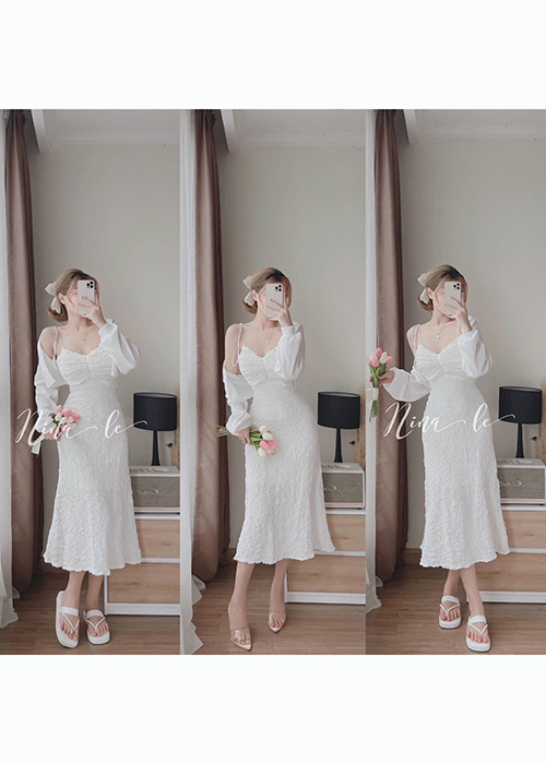 Set Áo Khoác Kèm Đầm Xốp 2 Dây 2 Lớp Thời Trang