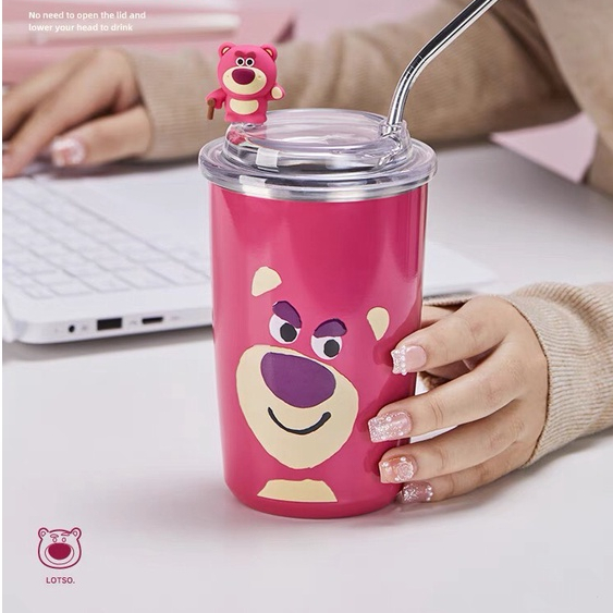 Ly giữ nhiệt gấu dâu chất liệu inox dung tích 450ml giữ nhiệt nóng lạnh 10h kèm ống hút