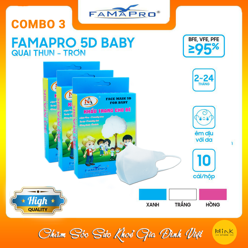 [HỘP - FAMAPRO 5D BABY] - Khẩu trang y tế trẻ em kháng khuẩn 3 lớp Famapro 5D Baby (10 cái/ hộp) - COMBO 3 HỘP