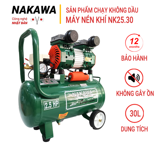 Máy nén khí Nakawa NK25.30, Công suất 2.5HP, Máy không dầu, Lên hơi siêu nhanh