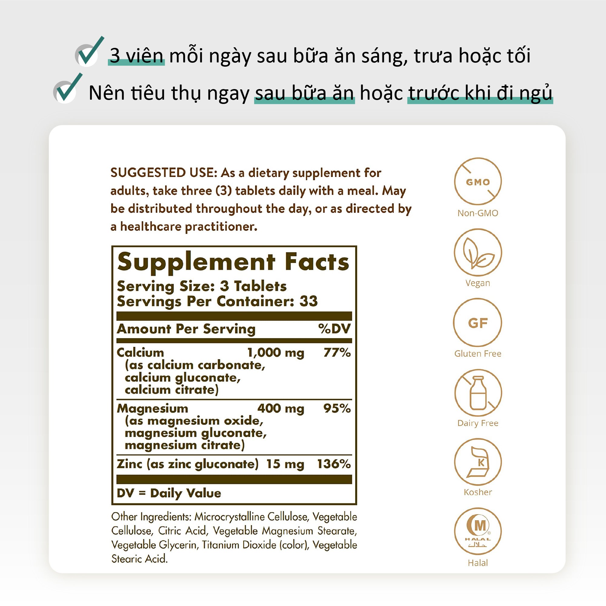 Viên Uống Solgar Calcium Magnesium Plus Zinc Hỗ Trợ Phát Triển Xương,Hoạt Động Cơ Bắp,Hỗ Trợ Tế Bào Thần Kinh