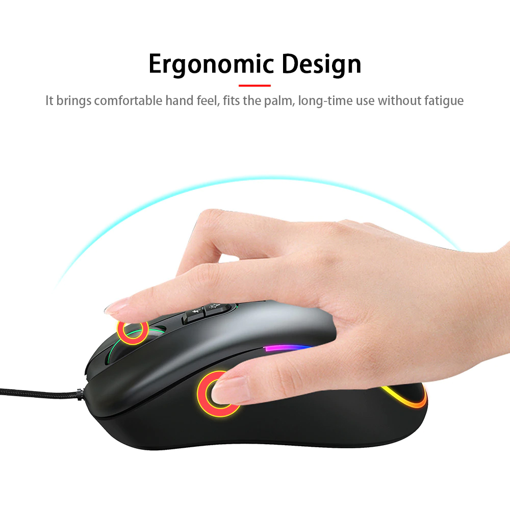 Chuột Chơi Game, Văn Phòng Có Dây HXSJ J900 Độ Nhạy Sáng 6400DPI - USB Wired Gaming Mouse RGB Gaming Mouse with Six Adjustable DPI Ergonomic Design for Desktop Laptop Black - Hàng Chính Hãng