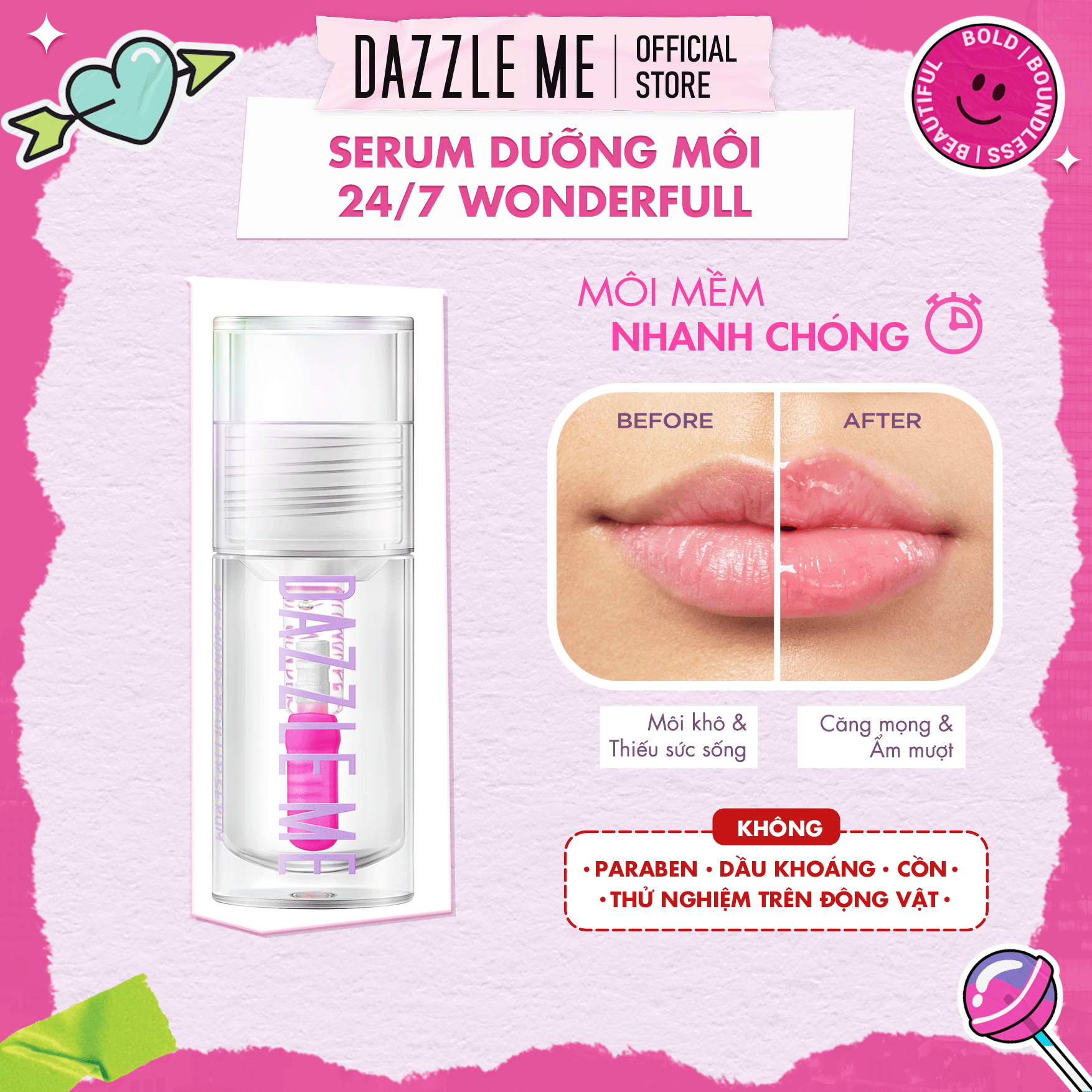 DAZZLE ME Serum Dưỡng Môi Lip Serum 24/7 Dưỡng Ẩm, Làm Mềm Môi Wonderfullip Serum 2.5g