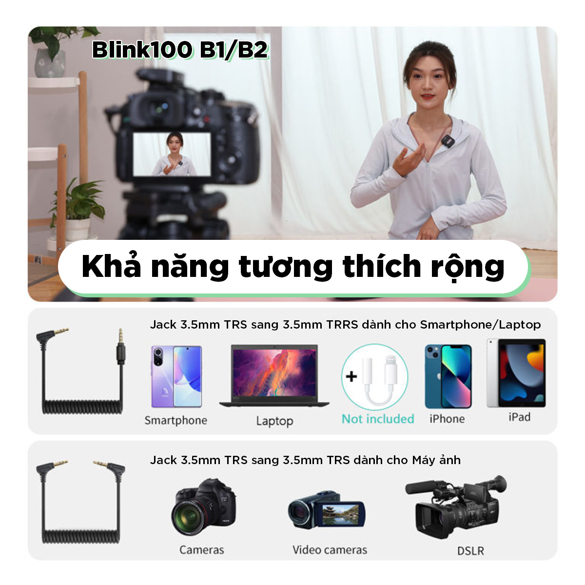 Micro Thu Âm Không Dây Saramonic Blink100 - Dành Cho Máy Ảnh, DSLR Điện Thoại, Laptop - Khử ồn Thông Minh - Hàng Chính Hãng