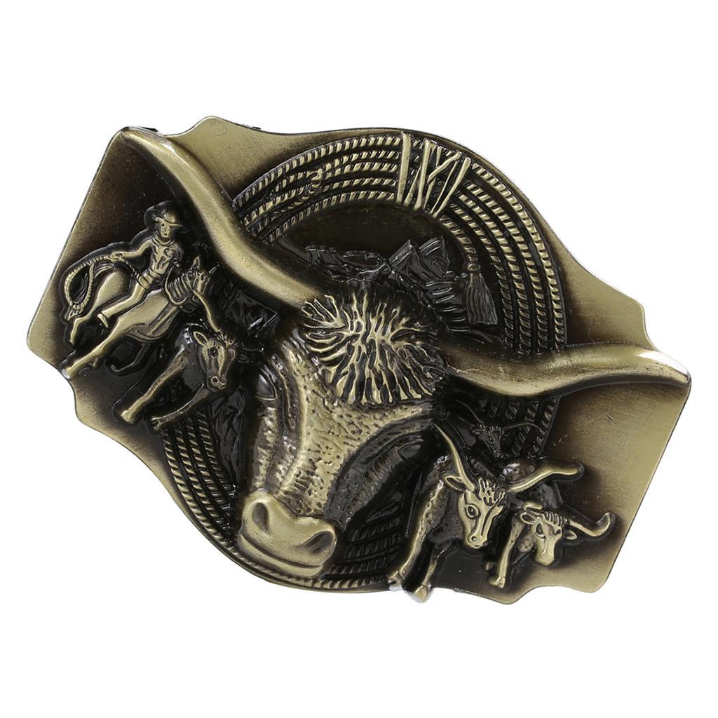 Retro Western Cowboy Belt Buckle Embossed Long Rodeo Bronze Buckle