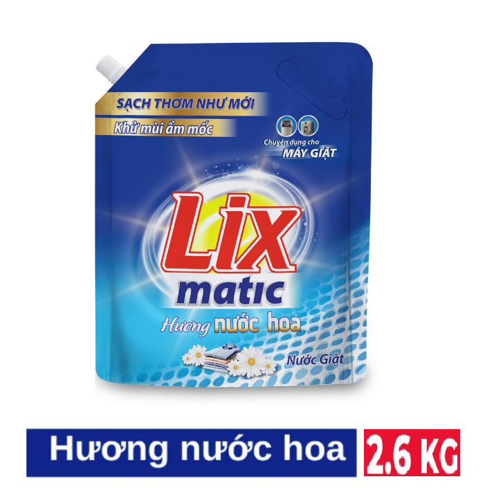 Nước giặt Lix Matic mới hương nước hoa túi 2.6kg NGM27 giặt tẩy đánh bay mọi vết bẩn cứng đầu