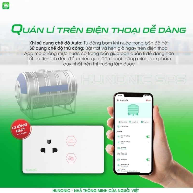 Ổ Cắm Chống Giật Hunonic SPS Bật tắt Máy Bơm, quản lý, mô phỏng lượng nước trên điện thoại