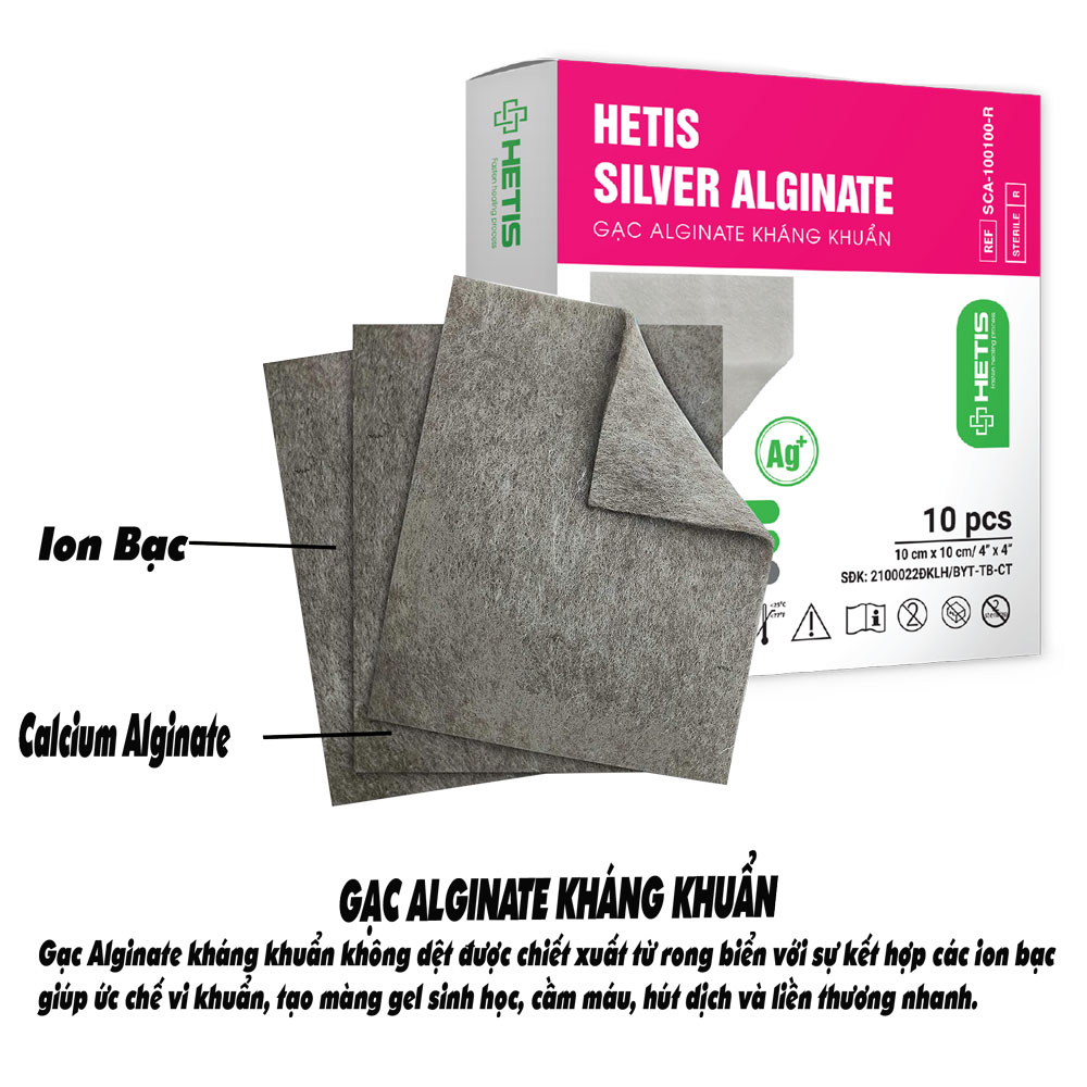 Gạc chăm sóc vết thương Alginate tẩm bạc kháng khuẩn HETIS SILVER ALGINATE - Dùng cho vết thương có nguy cơ nhiễm trùng