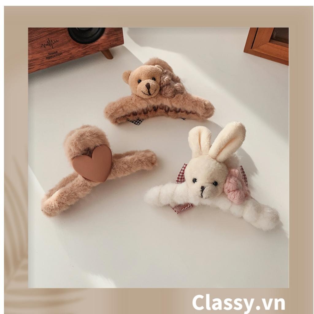 Kẹp càng cua Classy đính lông đính nơ, đính hoa màu be sang trọng PK1626